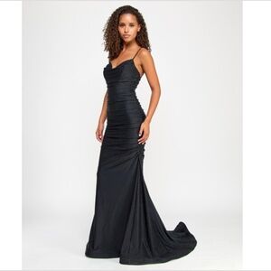 Say Yes Juniors' Studded Cowlneck Ruched Floor-Sweeping Gown Size: 0US